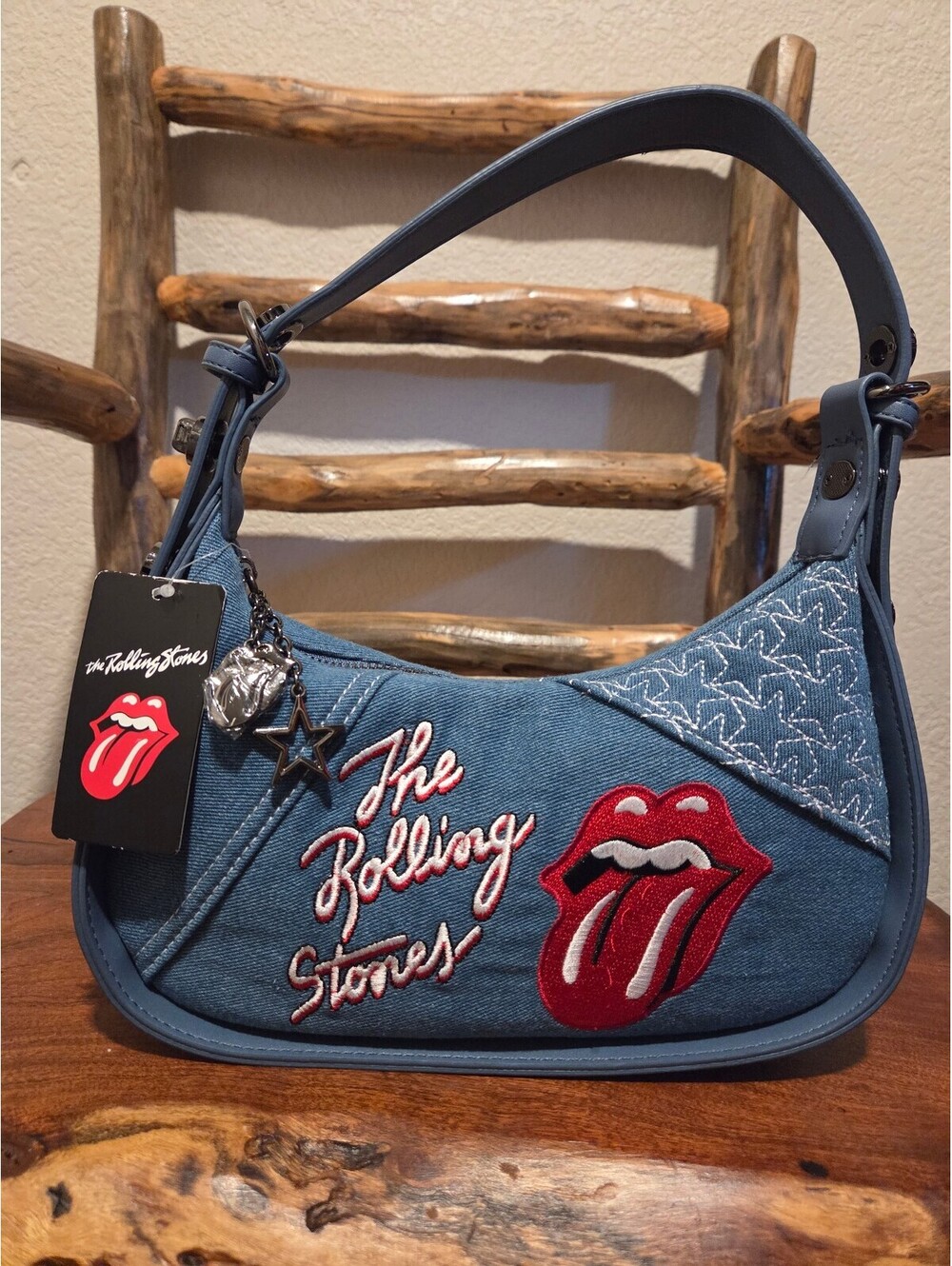 The Rolling Stones Denim Shoulder Bag with Embroidered Logo and Charms